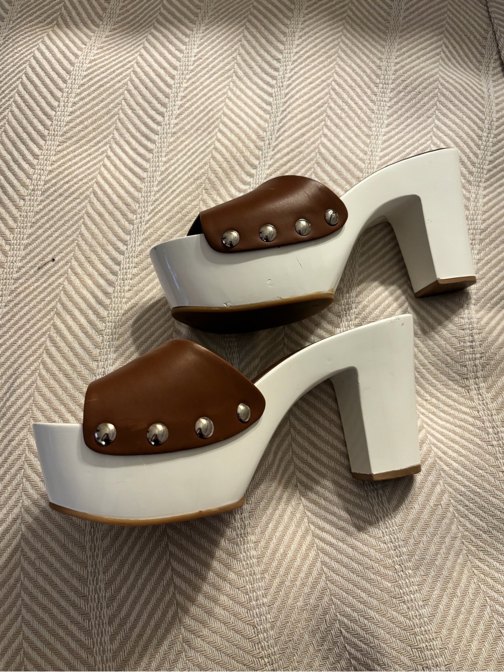 Giuseppe Zanotti Brown Leather Studded Platform Mules with White Block Heel